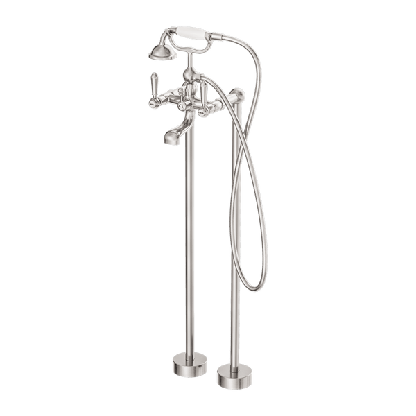 Nero Mixer Taps York Freestanding Bath Set With White Porcelain Hand Shower Brushed Nickel (NR692103a01BN)