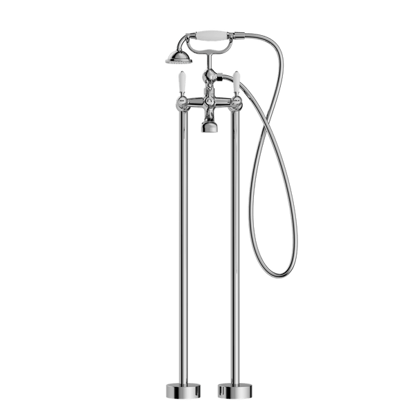 Nero Mixer Taps YORK FREESTANDING BATH SET WITH WHITE PORCELAIN HAND SHOWER CHROME (NR692103a01CH)