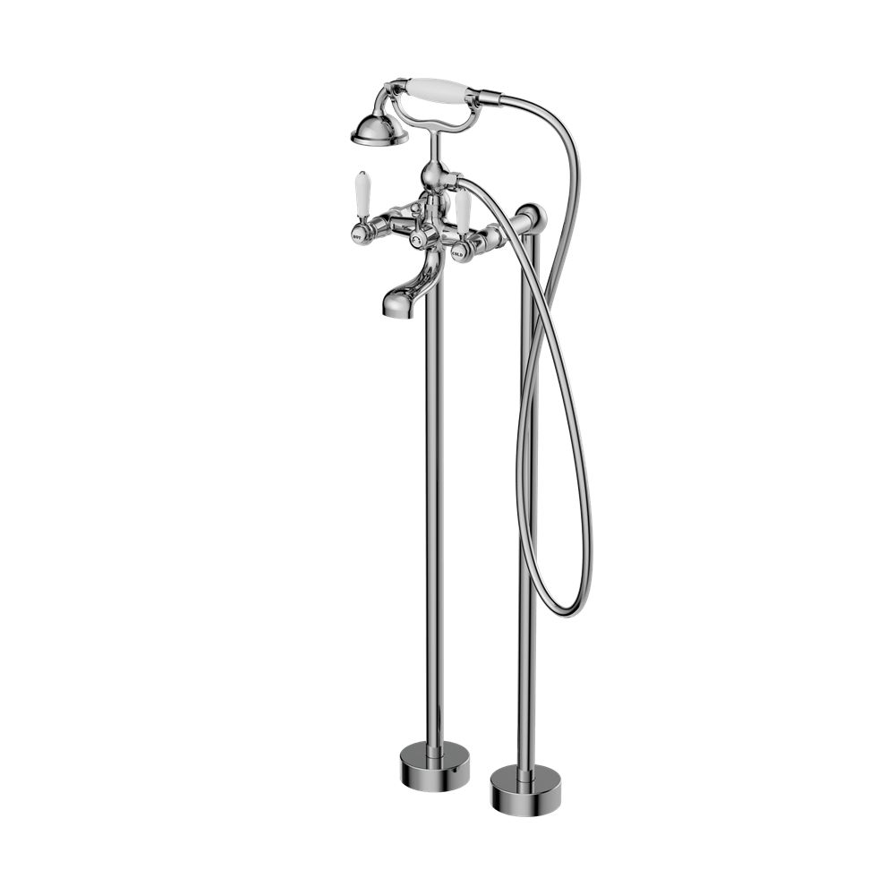 Nero Mixer Taps YORK FREESTANDING BATH SET WITH WHITE PORCELAIN HAND SHOWER CHROME (NR692103a01CH)