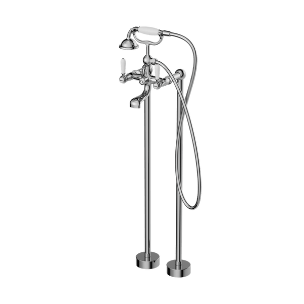 Nero Mixer Taps YORK FREESTANDING BATH SET WITH WHITE PORCELAIN HAND SHOWER CHROME (NR692103a01CH)