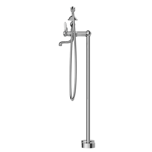 Nero Mixer Taps YORK FREESTANDING BATH SET WITH WHITE PORCELAIN HAND SHOWER CHROME (NR692103a01CH)