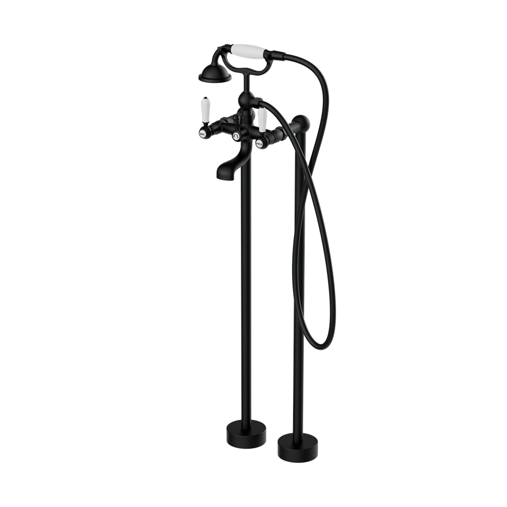 Nero Mixer Taps YORK FREESTANDING BATH SET WITH WHITE PORCELAIN HAND SHOWER MATTE BLACK (NR692103a01MB)