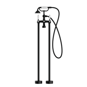 Nero Mixer Taps YORK FREESTANDING BATH SET WITH WHITE PORCELAIN HAND SHOWER MATTE BLACK (NR692103a01MB)