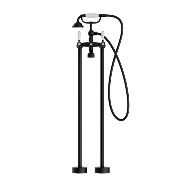 Nero Mixer Taps YORK FREESTANDING BATH SET WITH WHITE PORCELAIN HAND SHOWER MATTE BLACK (NR692103a01MB)