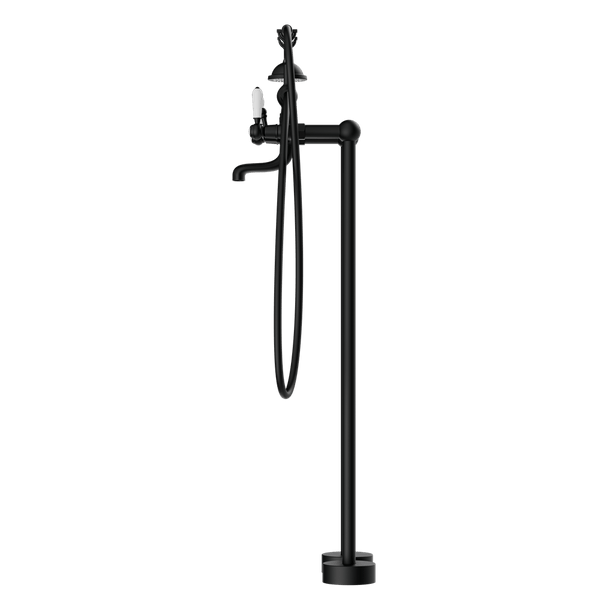 Nero Mixer Taps YORK FREESTANDING BATH SET WITH WHITE PORCELAIN HAND SHOWER MATTE BLACK (NR692103a01MB)