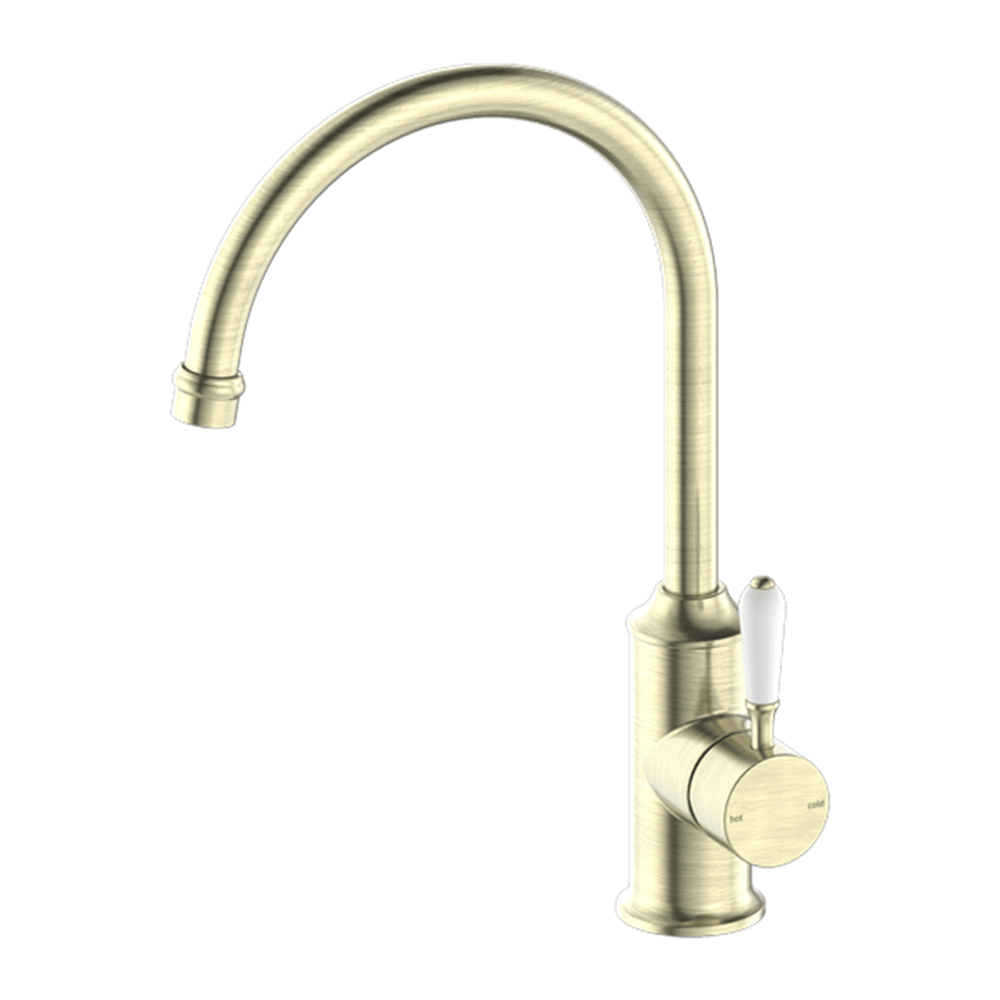 Nero Mixer Taps YORK KITCHEN MIXER GOOSENECK SPOUT WITH WHITE PORCELAIN LEVER AGED BRASS (NR69210601AB)