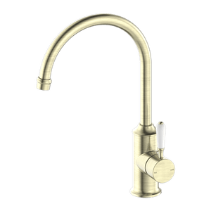 Nero Mixer Taps YORK KITCHEN MIXER GOOSENECK SPOUT WITH WHITE PORCELAIN LEVER AGED BRASS (NR69210601AB)