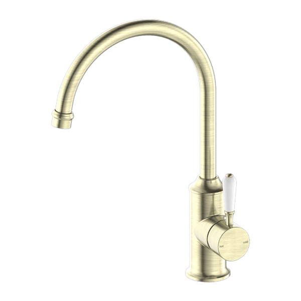 Nero Mixer Taps YORK KITCHEN MIXER GOOSENECK SPOUT WITH WHITE PORCELAIN LEVER AGED BRASS (NR69210601AB)