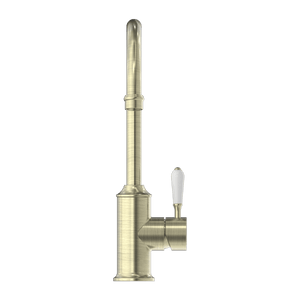 Nero Mixer Taps YORK KITCHEN MIXER GOOSENECK SPOUT WITH WHITE PORCELAIN LEVER AGED BRASS (NR69210601AB)
