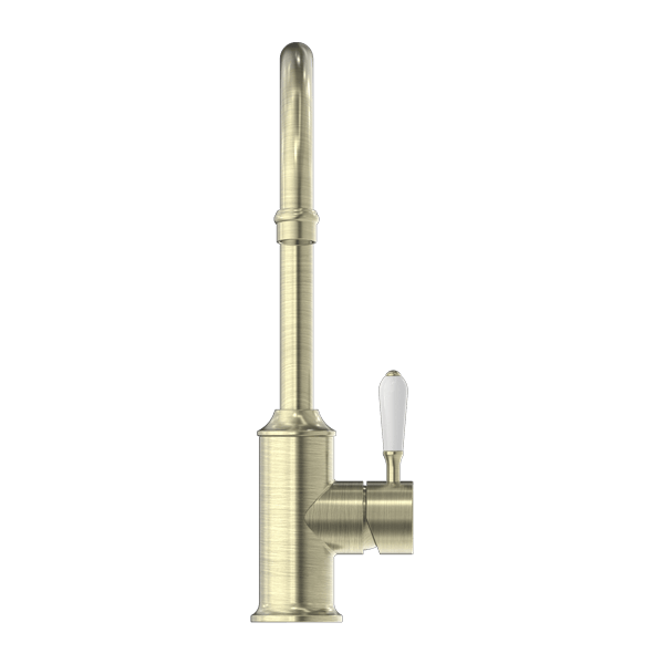 Nero Mixer Taps YORK KITCHEN MIXER GOOSENECK SPOUT WITH WHITE PORCELAIN LEVER AGED BRASS (NR69210601AB)