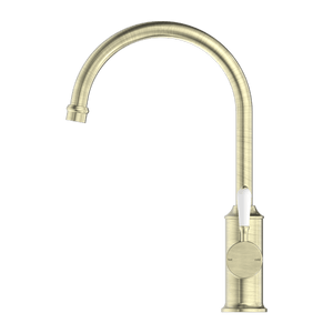 Nero Mixer Taps YORK KITCHEN MIXER GOOSENECK SPOUT WITH WHITE PORCELAIN LEVER AGED BRASS (NR69210601AB)