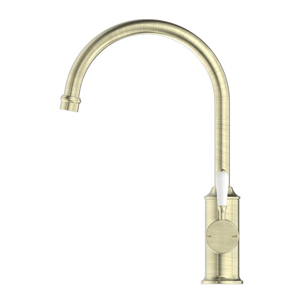 Nero Mixer Taps YORK KITCHEN MIXER GOOSENECK SPOUT WITH WHITE PORCELAIN LEVER AGED BRASS (NR69210601AB)