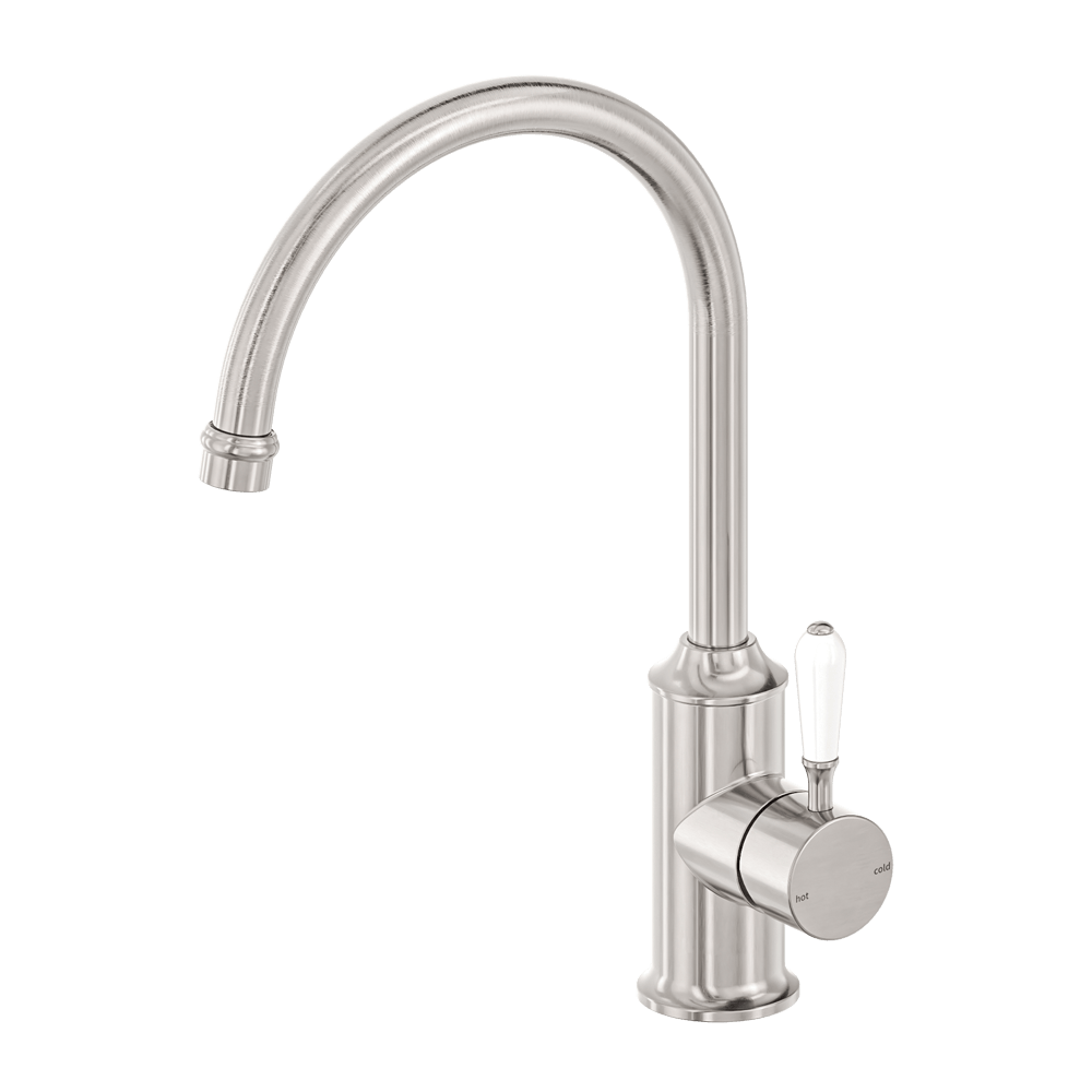 Nero Mixer Taps York Kitchen Mixer Gooseneck Spout With White Porcelain Lever Brushed Nickel (NR69210601BN)