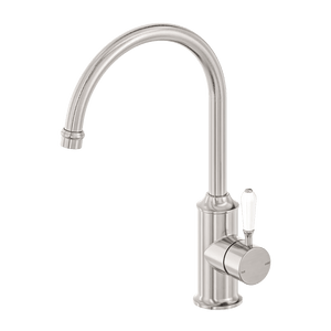Nero Mixer Taps York Kitchen Mixer Gooseneck Spout With White Porcelain Lever Brushed Nickel (NR69210601BN)