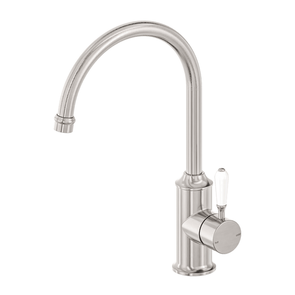 Nero Mixer Taps York Kitchen Mixer Gooseneck Spout With White Porcelain Lever Brushed Nickel (NR69210601BN)