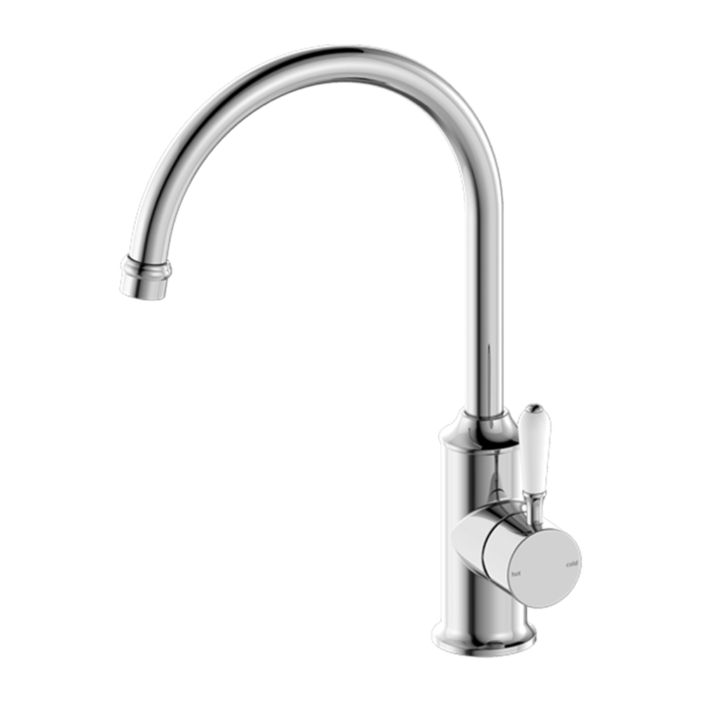Nero Mixer Taps YORK KITCHEN MIXER GOOSENECK SPOUT WITH WHITE PORCELAIN LEVER CHROME (NR69210601CH)