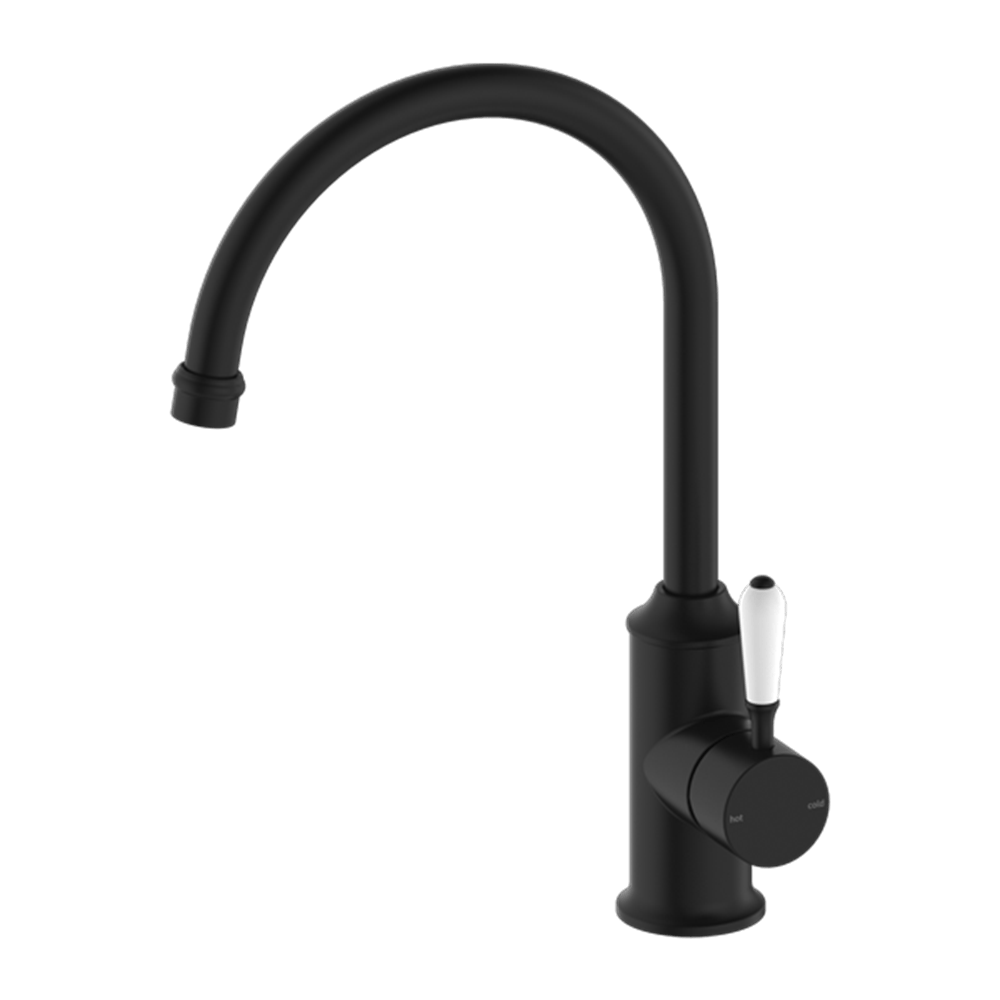 Nero Mixer Taps YORK KITCHEN MIXER GOOSENECK SPOUT WITH WHITE PORCELAIN LEVER MATTE BLACK (NR69210601MB)