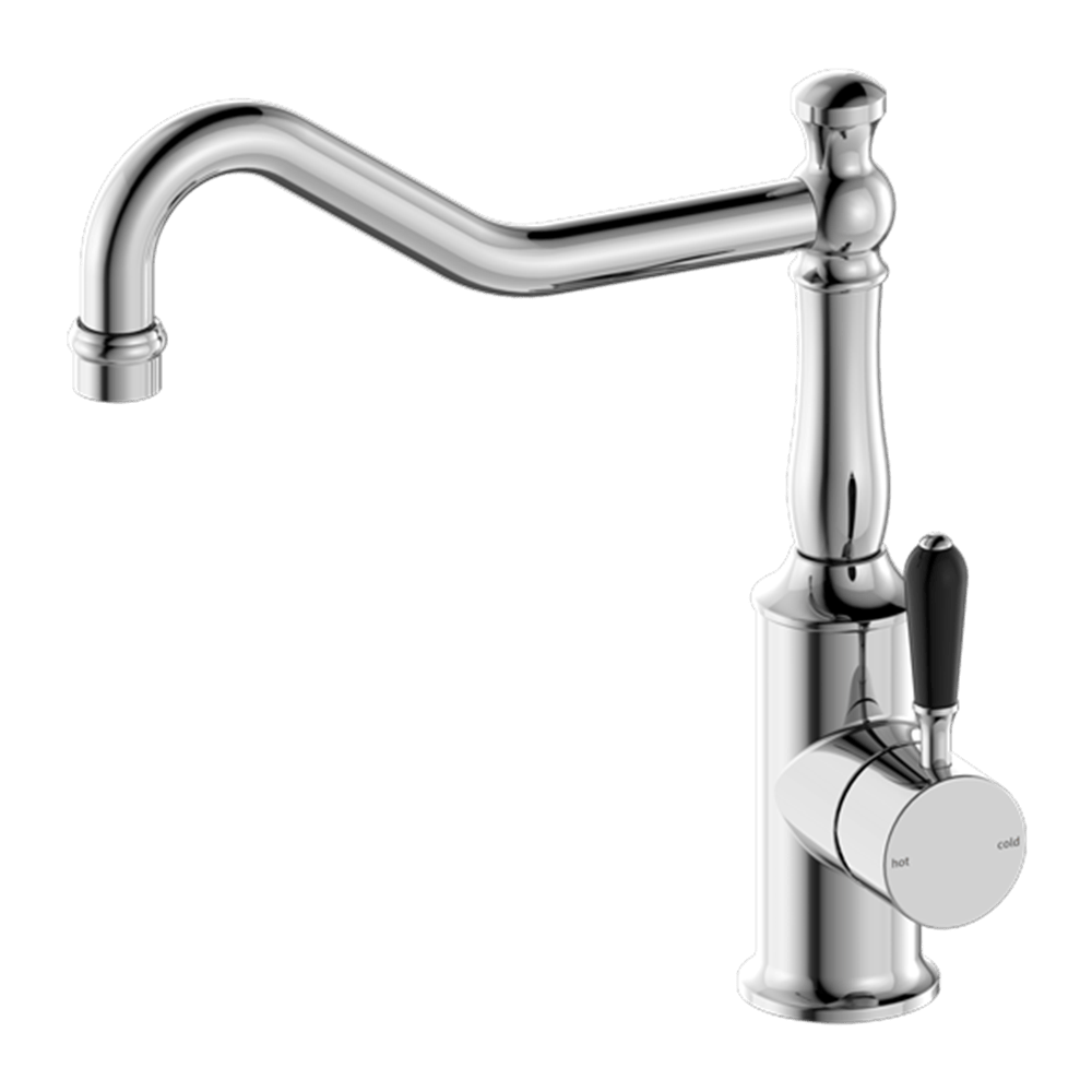 Nero Mixer Taps YORK KITCHEN MIXER HOOK SPOUT WITH BLACK PORCELAIN LEVER CHROME (NR69210703CH)
