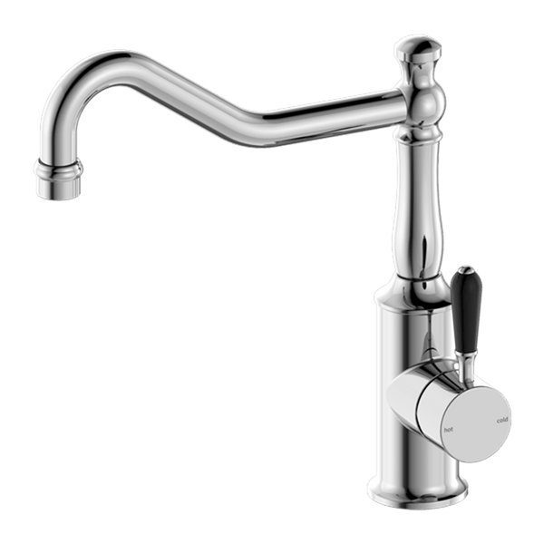 Nero Mixer Taps YORK KITCHEN MIXER HOOK SPOUT WITH BLACK PORCELAIN LEVER CHROME (NR69210703CH)