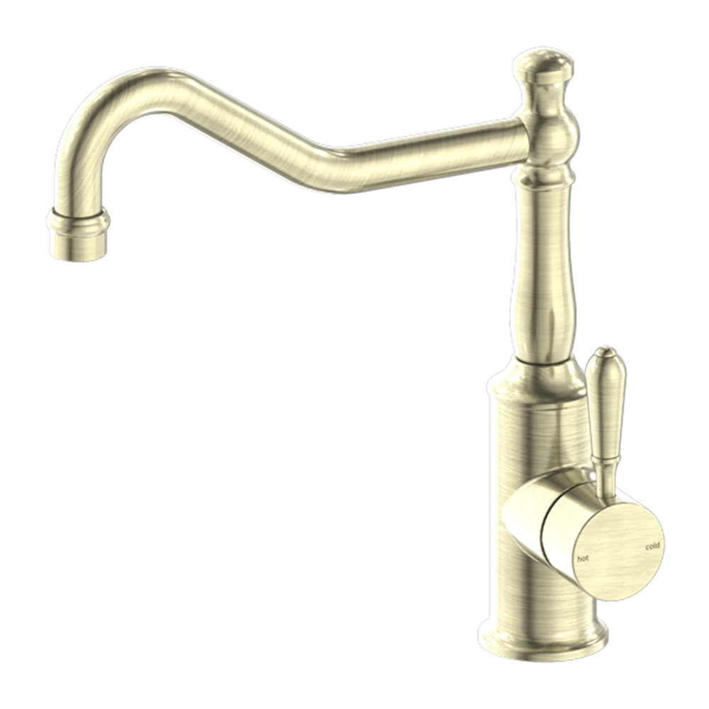 Nero Mixer Taps YORK KITCHEN MIXER HOOK SPOUT WITH METAL LEVER AGED BRASS (NR69210702AB)