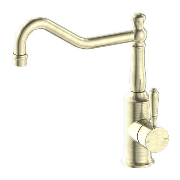 Nero Mixer Taps YORK KITCHEN MIXER HOOK SPOUT WITH METAL LEVER AGED BRASS (NR69210702AB)