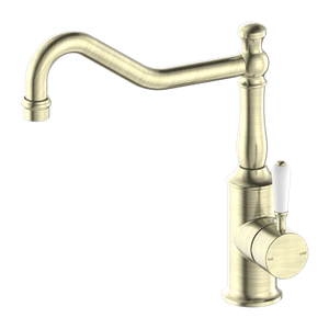 Nero Mixer Taps YORK KITCHEN MIXER HOOK SPOUT WITH WHITE PORCELAIN LEVER AGED BRASS (NR69210701AB)