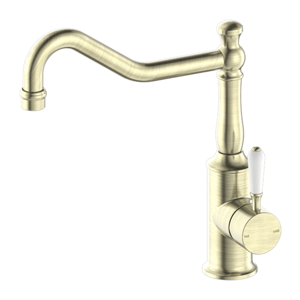 Nero Mixer Taps YORK KITCHEN MIXER HOOK SPOUT WITH WHITE PORCELAIN LEVER AGED BRASS (NR69210701AB)