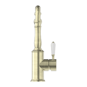 Nero Mixer Taps YORK KITCHEN MIXER HOOK SPOUT WITH WHITE PORCELAIN LEVER AGED BRASS (NR69210701AB)