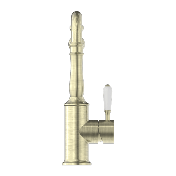 Nero Mixer Taps YORK KITCHEN MIXER HOOK SPOUT WITH WHITE PORCELAIN LEVER AGED BRASS (NR69210701AB)