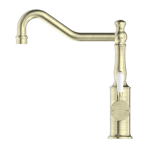 Nero Mixer Taps YORK KITCHEN MIXER HOOK SPOUT WITH WHITE PORCELAIN LEVER AGED BRASS (NR69210701AB)