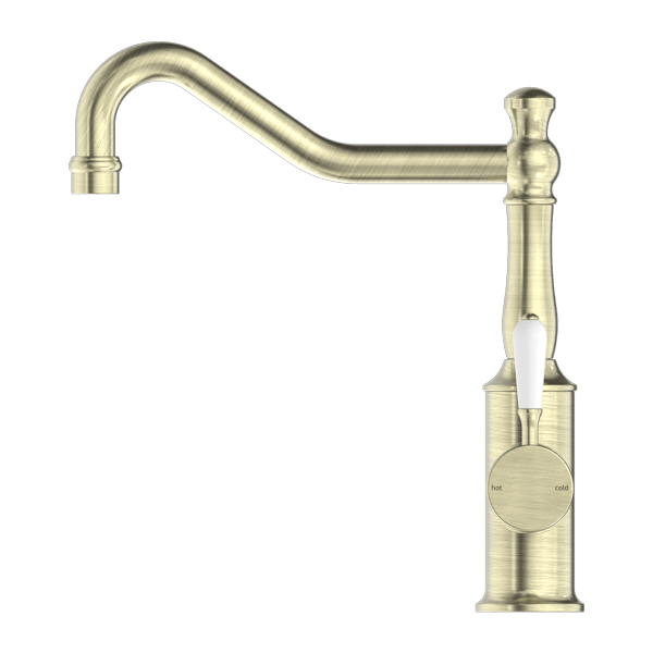 Nero Mixer Taps YORK KITCHEN MIXER HOOK SPOUT WITH WHITE PORCELAIN LEVER AGED BRASS (NR69210701AB)