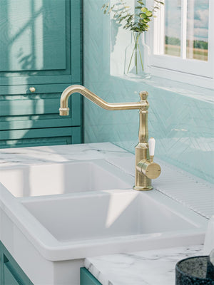Nero Mixer Taps YORK KITCHEN MIXER HOOK SPOUT WITH WHITE PORCELAIN LEVER AGED BRASS (NR69210701AB)