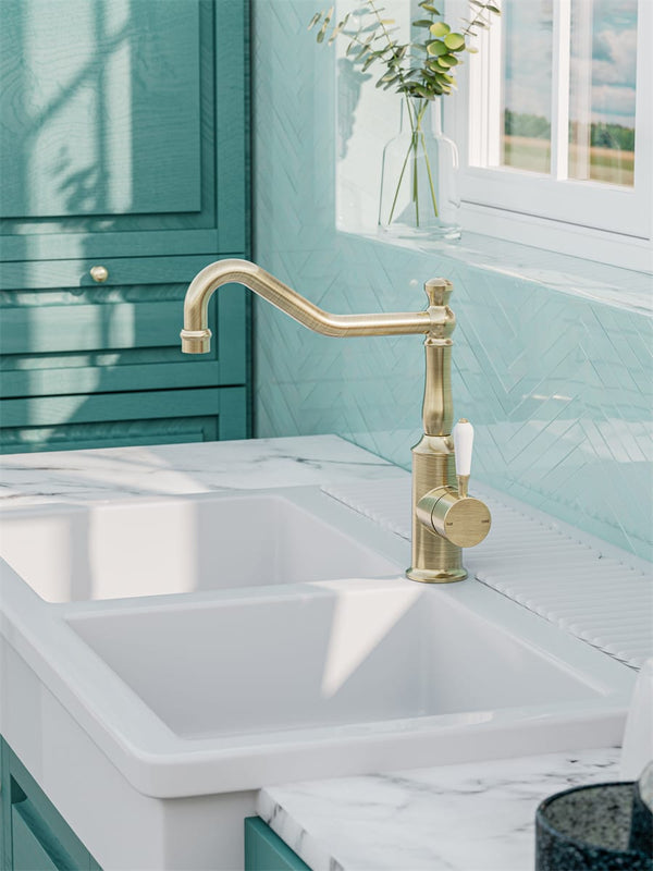 Nero Mixer Taps YORK KITCHEN MIXER HOOK SPOUT WITH WHITE PORCELAIN LEVER AGED BRASS (NR69210701AB)