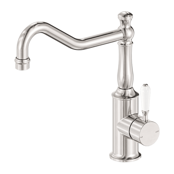 Nero Mixer Taps York Kitchen Mixer Hook Spout With White Porcelain Lever Brushed Nickel (NR69210701BN)