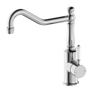Nero Mixer Taps YORK KITCHEN MIXER HOOK SPOUT WITH WHITE PORCELAIN LEVER CHROME (NR69210701CH)