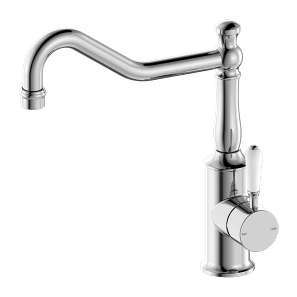 Nero Mixer Taps YORK KITCHEN MIXER HOOK SPOUT WITH WHITE PORCELAIN LEVER CHROME (NR69210701CH)