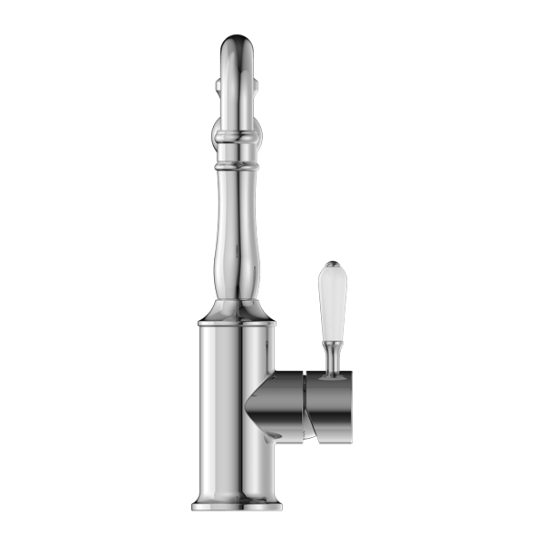 Nero Mixer Taps YORK KITCHEN MIXER HOOK SPOUT WITH WHITE PORCELAIN LEVER CHROME (NR69210701CH)