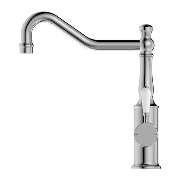 Nero Mixer Taps YORK KITCHEN MIXER HOOK SPOUT WITH WHITE PORCELAIN LEVER CHROME (NR69210701CH)