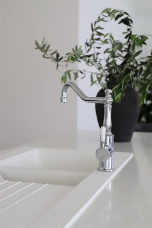 Nero Mixer Taps YORK KITCHEN MIXER HOOK SPOUT WITH WHITE PORCELAIN LEVER CHROME (NR69210701CH)