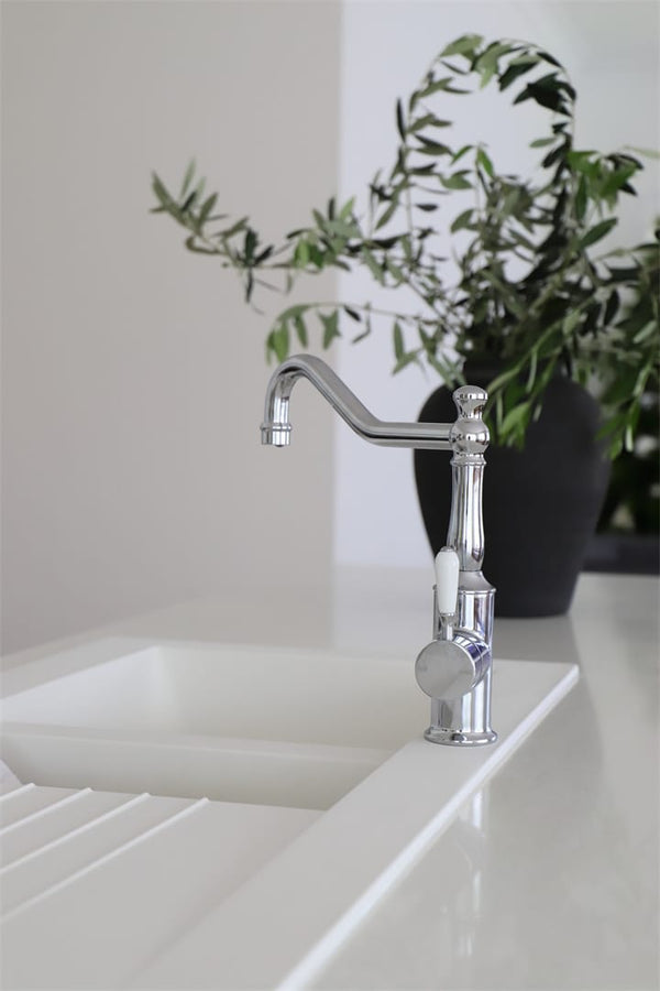 Nero Mixer Taps YORK KITCHEN MIXER HOOK SPOUT WITH WHITE PORCELAIN LEVER CHROME (NR69210701CH)