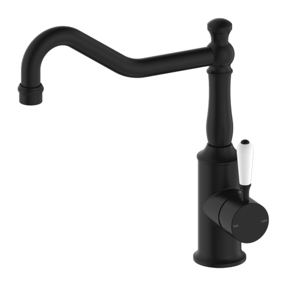 Nero Mixer Taps YORK KITCHEN MIXER HOOK SPOUT WITH WHITE PORCELAIN LEVER MATTE BLACK (NR69210701MB)