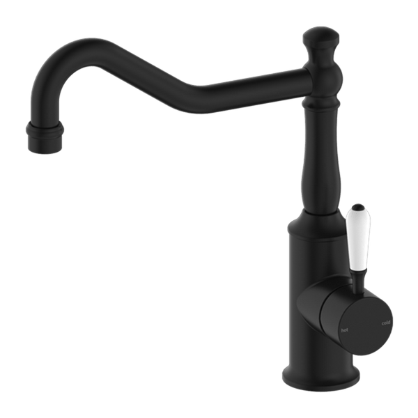 Nero Mixer Taps YORK KITCHEN MIXER HOOK SPOUT WITH WHITE PORCELAIN LEVER MATTE BLACK (NR69210701MB)