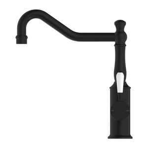 Nero Mixer Taps YORK KITCHEN MIXER HOOK SPOUT WITH WHITE PORCELAIN LEVER MATTE BLACK (NR69210701MB)