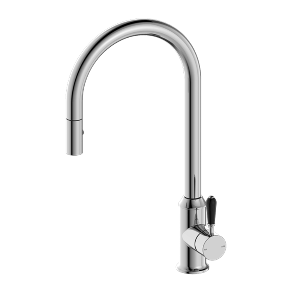 Nero Mixer Taps YORK PULL OUT SINK MIXER WITH VEGIE SPRAY FUNCTION WITH BLACK PORCELAIN LEVER CHROME (NR69210803CH)