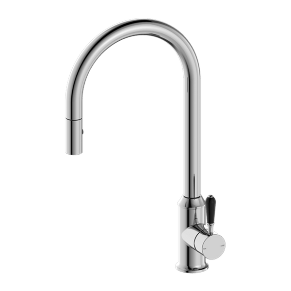 Nero Mixer Taps YORK PULL OUT SINK MIXER WITH VEGIE SPRAY FUNCTION WITH BLACK PORCELAIN LEVER CHROME (NR69210803CH)