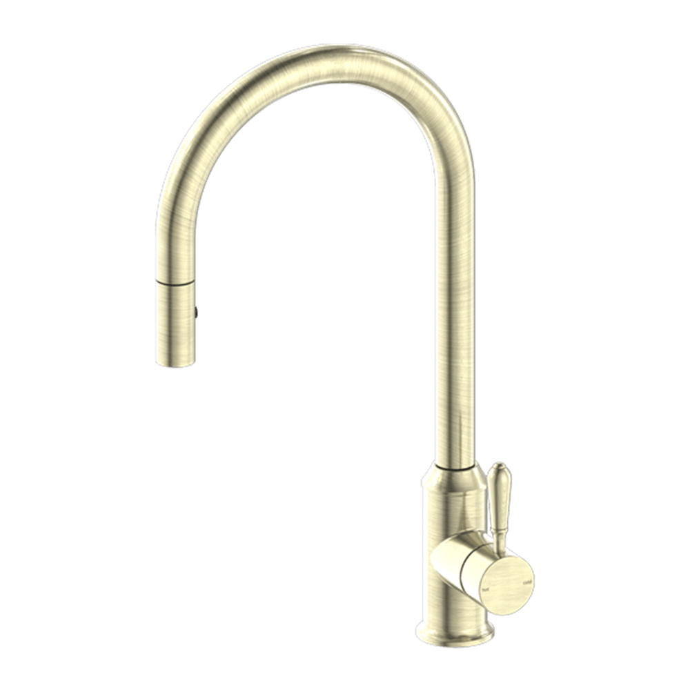 Nero Mixer Taps YORK PULL OUT SINK MIXER WITH VEGIE SPRAY FUNCTION WITH METAL LEVER AGED BRASS (NR69210802AB)