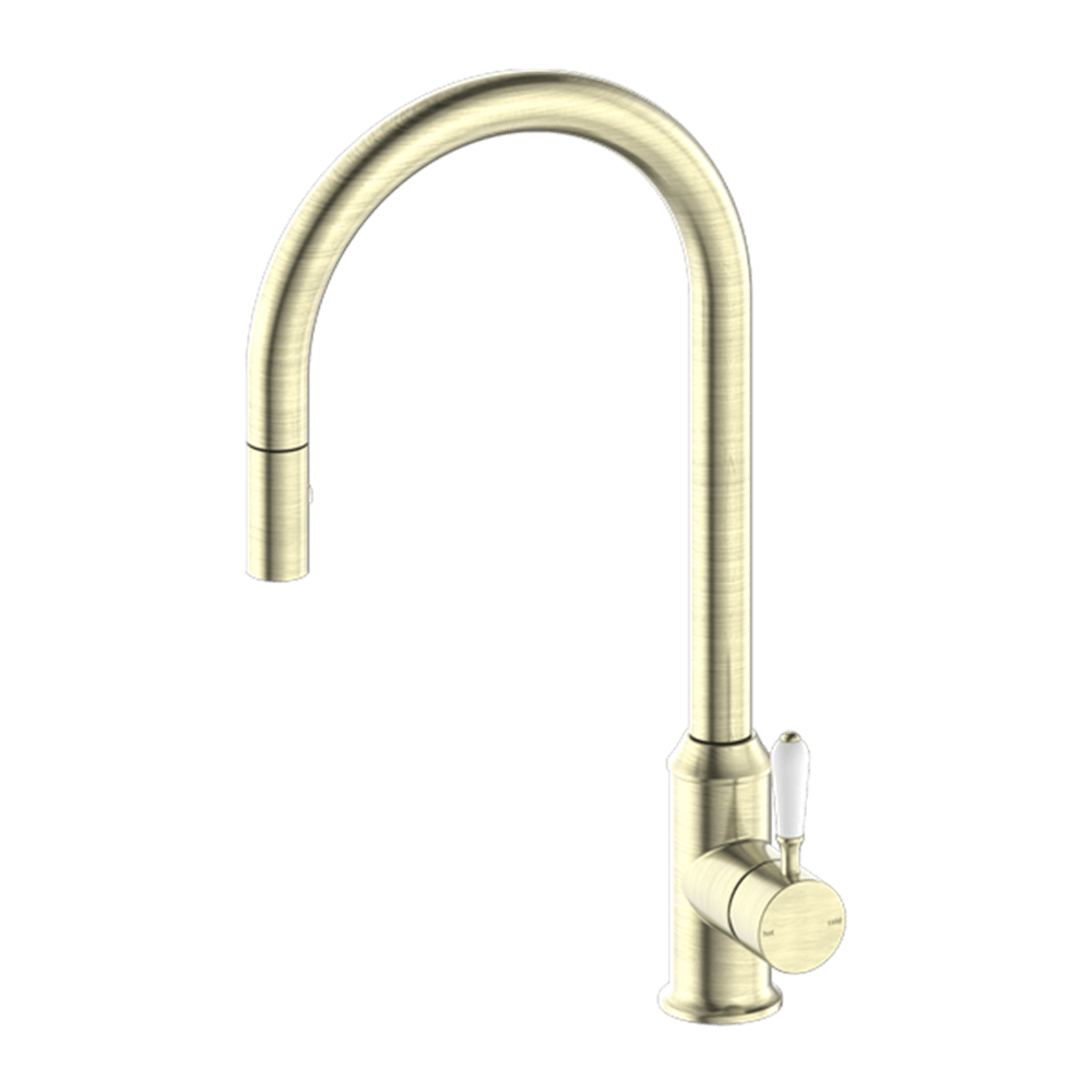 Nero Mixer Taps YORK PULL OUT SINK MIXER WITH VEGIE SPRAY FUNCTION WITH WHITE PORCELAIN LEVER AGED BRASS (NR69210801AB)
