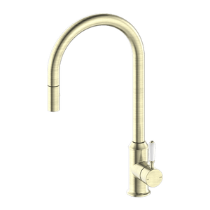 Nero Mixer Taps YORK PULL OUT SINK MIXER WITH VEGIE SPRAY FUNCTION WITH WHITE PORCELAIN LEVER AGED BRASS (NR69210801AB)