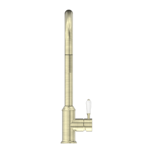 Nero Mixer Taps YORK PULL OUT SINK MIXER WITH VEGIE SPRAY FUNCTION WITH WHITE PORCELAIN LEVER AGED BRASS (NR69210801AB)