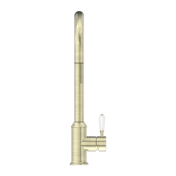 Nero Mixer Taps YORK PULL OUT SINK MIXER WITH VEGIE SPRAY FUNCTION WITH WHITE PORCELAIN LEVER AGED BRASS (NR69210801AB)